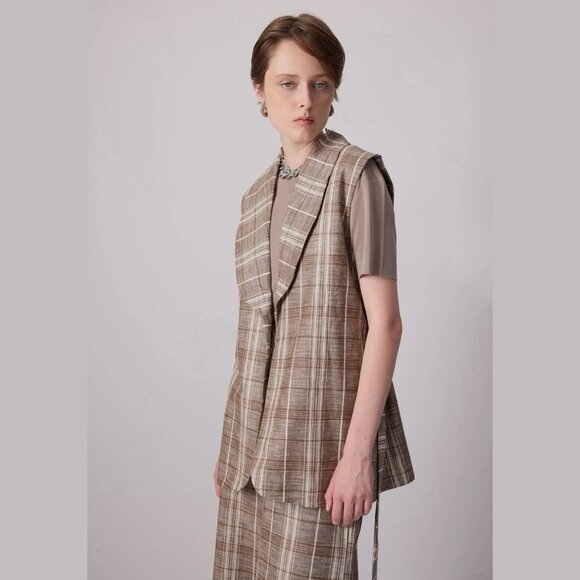 Touché Privé Two-Piece Suit Plaid 100% Linen Belted Vest & Wide-Leg Pants Size L - Picture 5 of 7